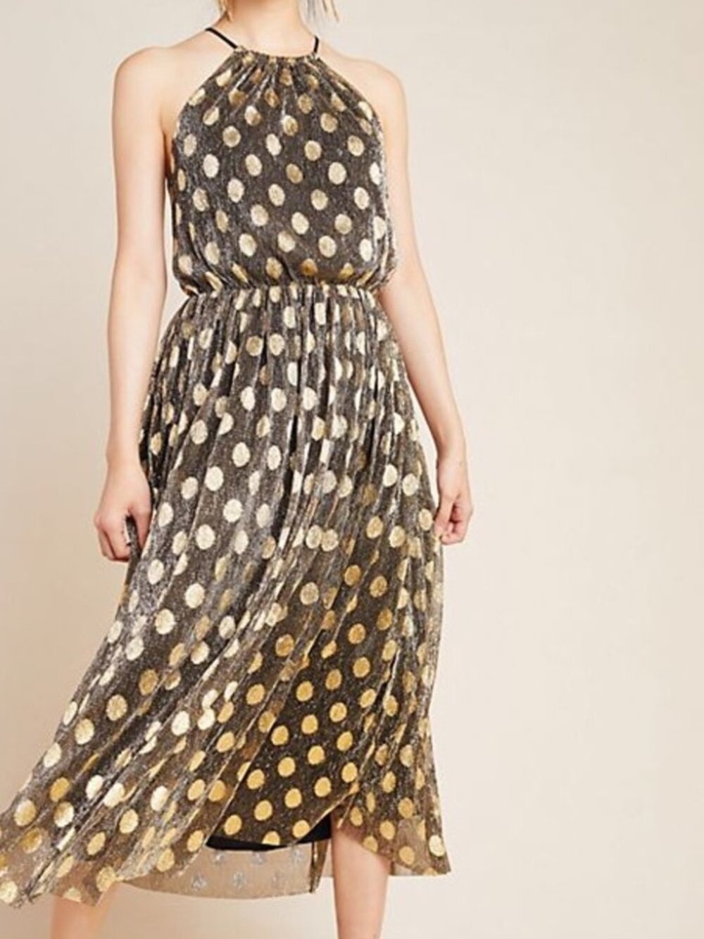 Anthropologie Sunday In Brooklyn Confetti Halter Midi Black & Gold Dress Med P